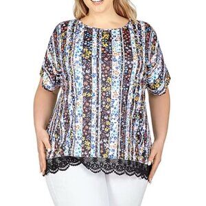 Larky Lark Shirt Top Womens 2X Floral Striped Lace Hem New